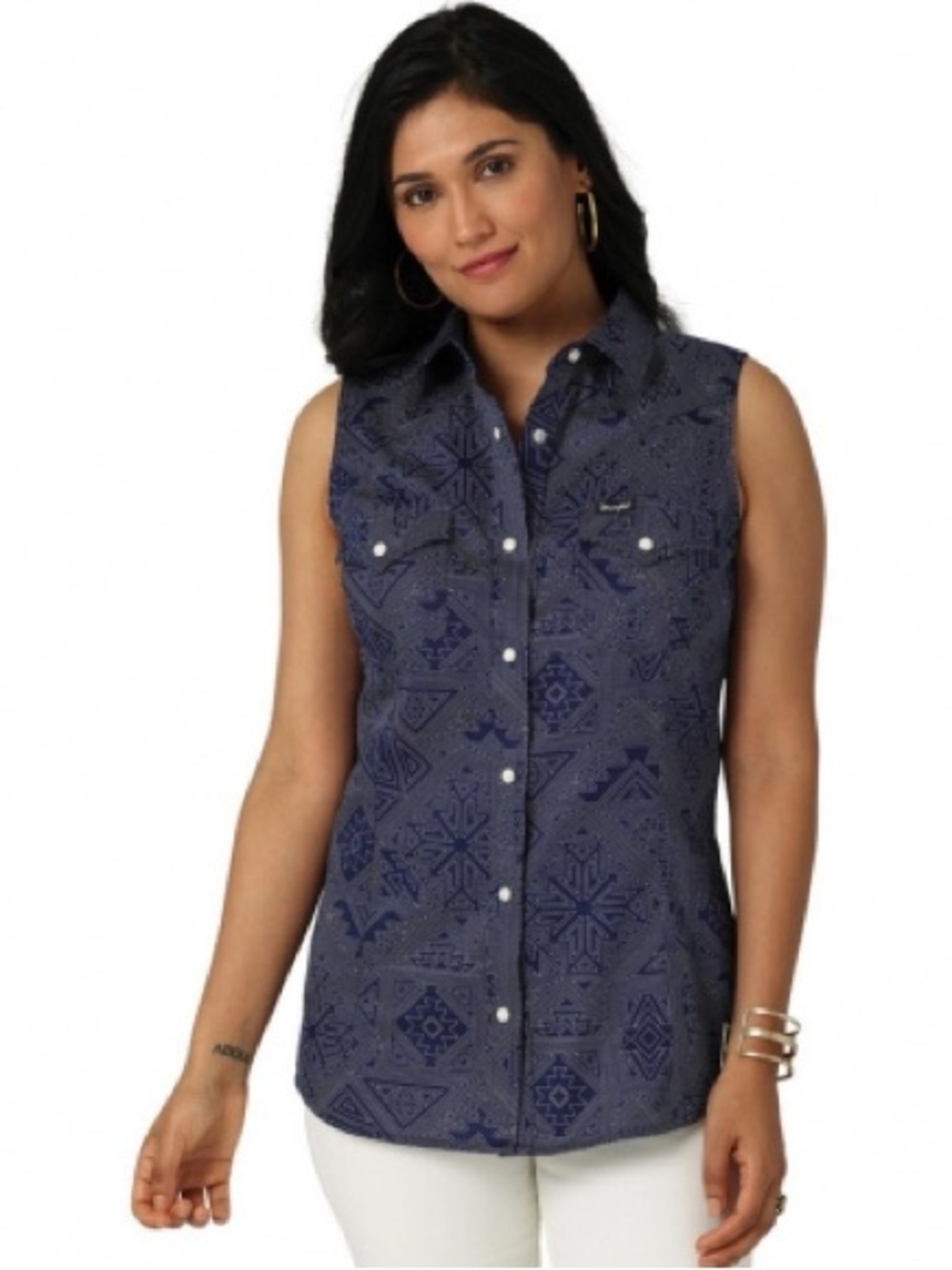 Wrangler Retro Sleeveless Western Snap Shirt Navy Aztec Print Cotton | Size: L